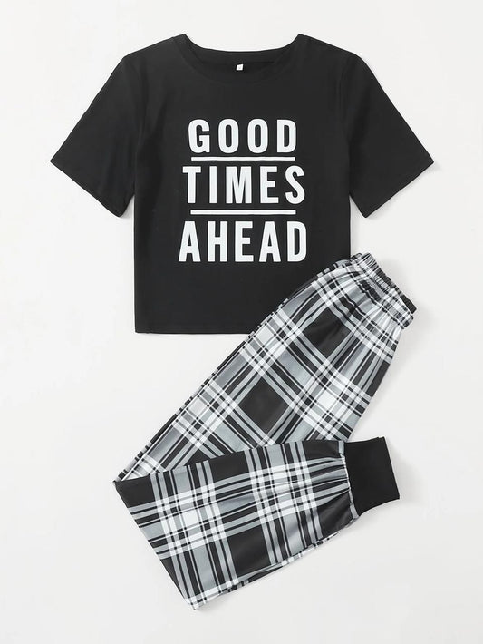 Black Good Things Ahead Printed Half Sleeves T-shirt With Check Printed Trouser Suit (SP-35)