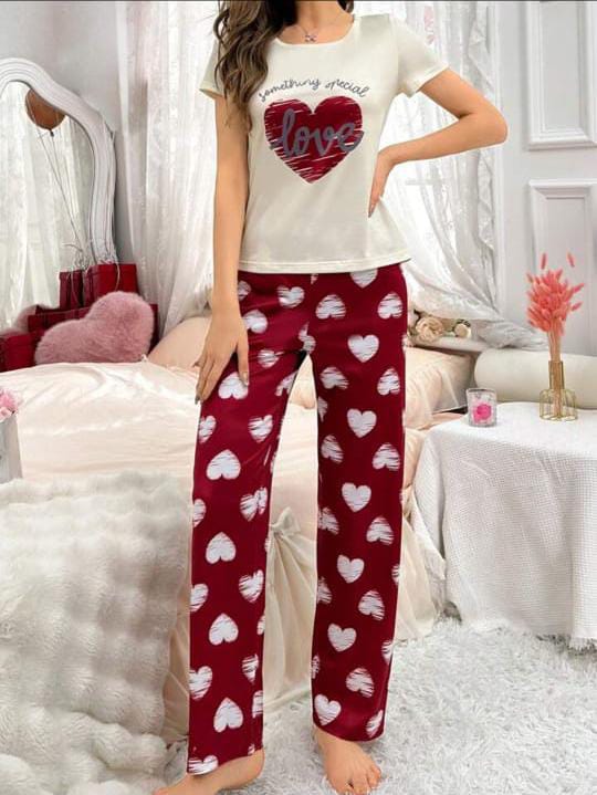 Cozy Love – Maroon Heart Printed Nightwear (RB-410)