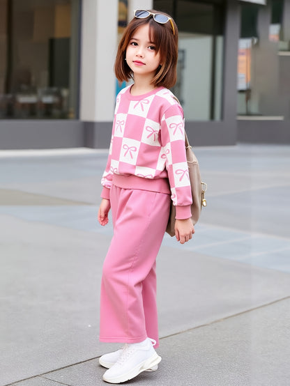 Pink Checkered Bow with Pink Pajama Kids Track suit