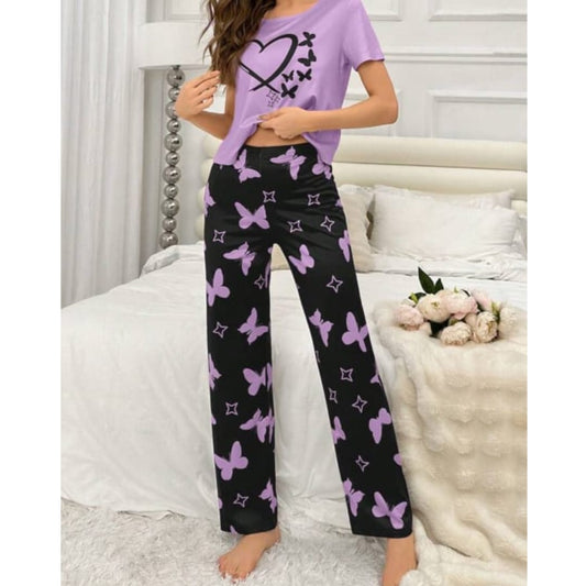 Purple With Black Butterflies Heart Printed T-shirt And Butterflies Printed Trouser Suit (SP-32)