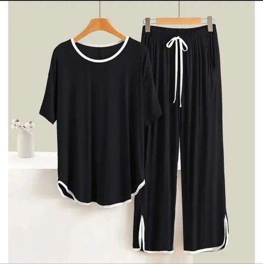 Black With White Round Neck Stripe Half Sleeves Shirt With Plazzo Trouser