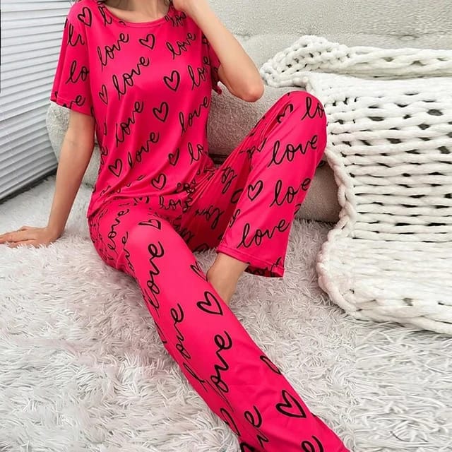 Shocking Pink Love Printed T-shirt And Trouser Suit (SP-43)