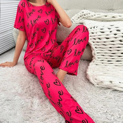 Shocking Pink Love Printed T-shirt And Trouser Suit (SP-43)