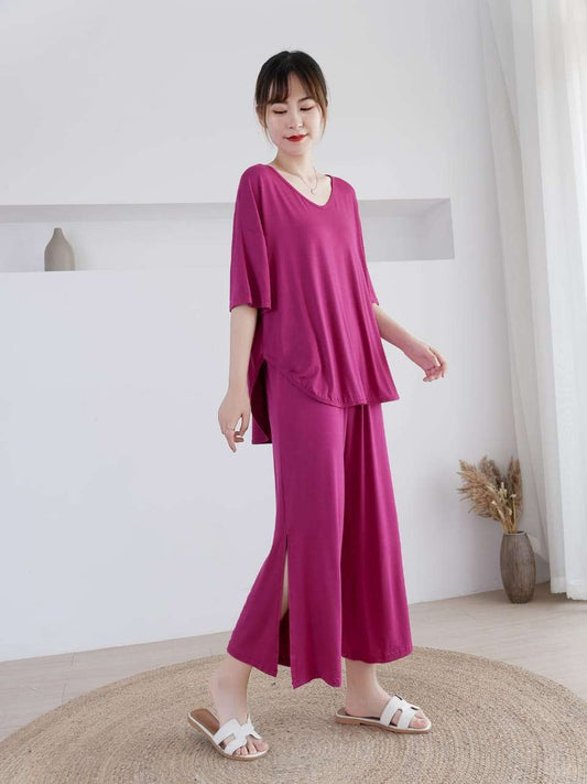 Plain Shocking Pink V Neck Quarter Sleeves with Cut Style Pajama Night