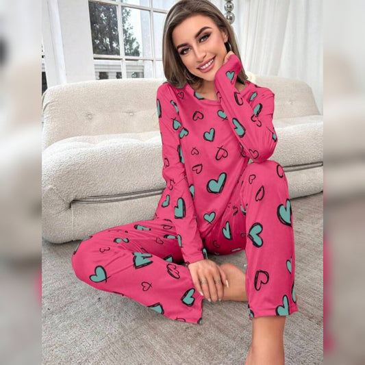 Shocking Pink With Green Hearts Print Full Sleeves T-shirt With Hearts Printed Trouser Suit (SP-26)