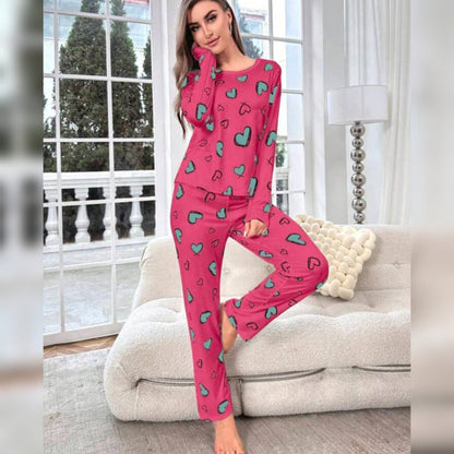 Shocking Pink With Green Hearts Print Full Sleeves T-shirt With Hearts Printed Trouser Suit (SP-26)