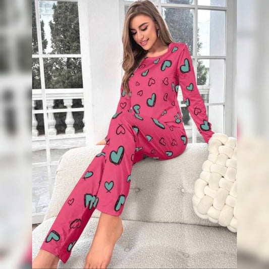 Shocking Pink With Green Hearts Print Full Sleeves T-shirt With Hearts Printed Trouser Suit (SP-26)