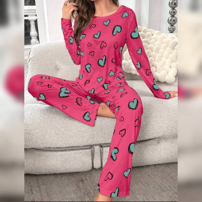 Shocking Pink With Green Hearts Print Full Sleeves T-shirt With Hearts Printed Trouser Suit (SP-26)