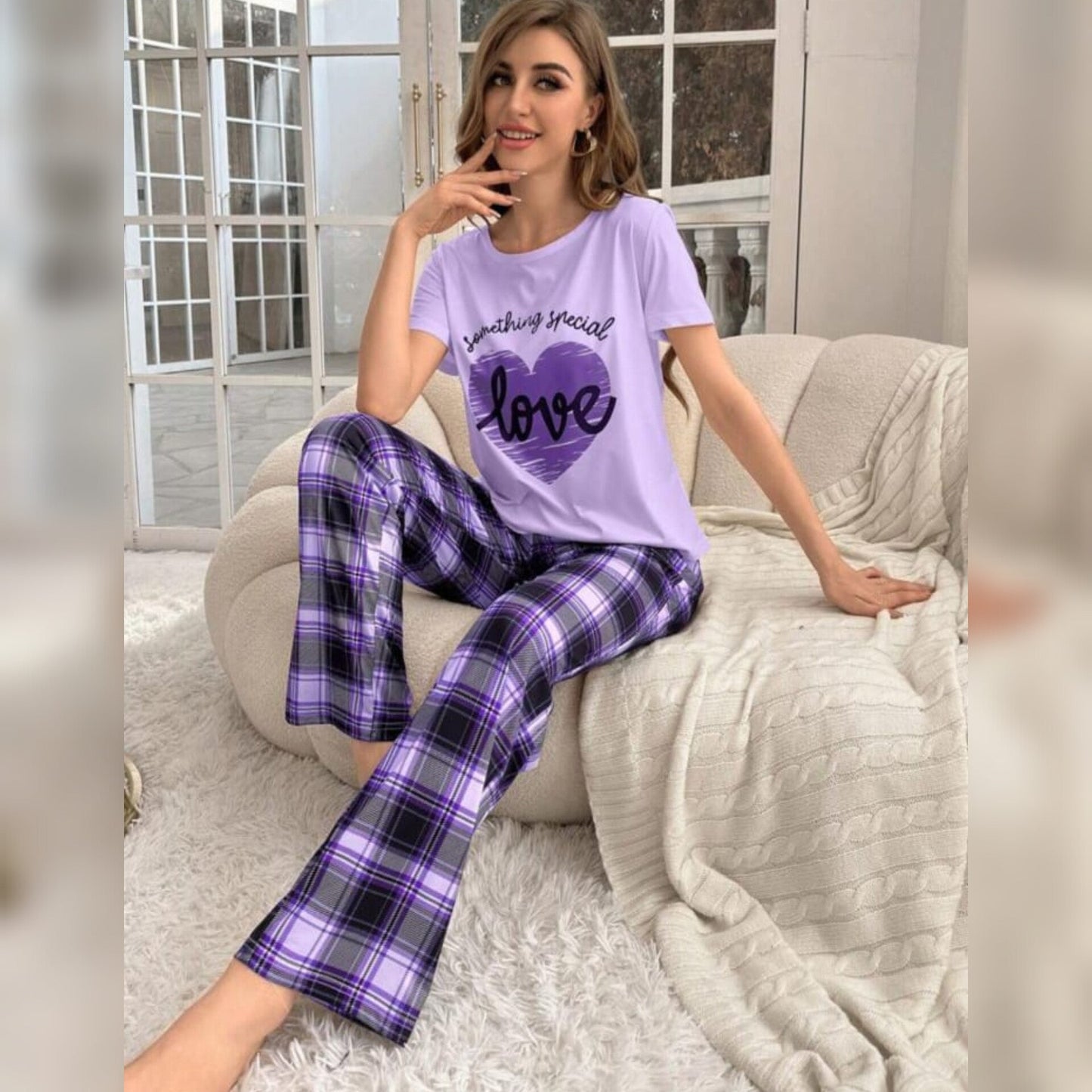 Purple With Love Heart Print Half Sleeves T-shirt With Check Printed Trouser Suit (SP-25)