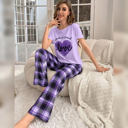 Purple With Love Heart Print Half Sleeves T-shirt With Check Printed Trouser Suit (SP-25)