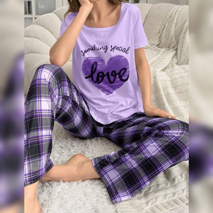 Purple With Love Heart Print Half Sleeves T-shirt With Check Printed Trouser Suit (SP-25)