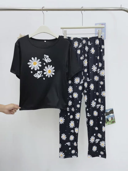 Cute daisy print Women's sleepwear set with short sleeved top and long pants