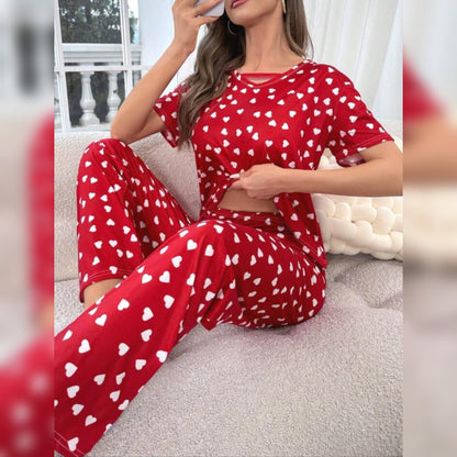 Red With White Herats Print Half Sleeves T-shirt With Hearts Printed Trouser Suit  (SP-27)