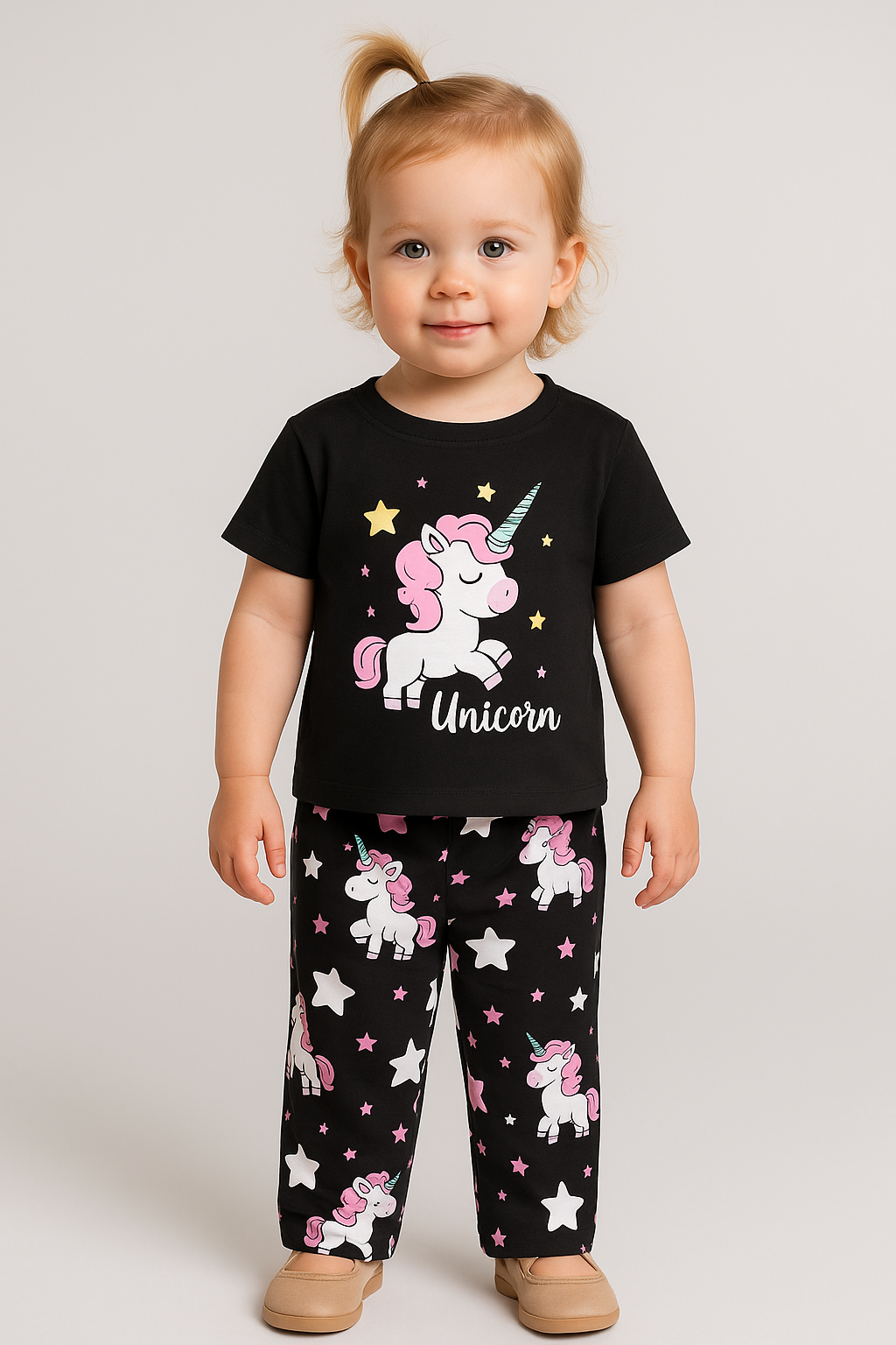 Black Unicorn Printed Half Sleeves T-shirt with unicorn Star Printed Pajama Kids Suits (RB-542)