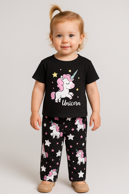 Black Unicorn Printed Half Sleeves T-shirt with unicorn Star Printed Pajama Kids Suits (RB-542)
