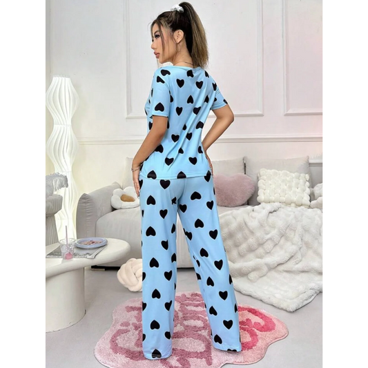 Blue With Black Hearts Print Half Sleeves T-shirt With Hearts Printed Trouser Suit (SP-28)